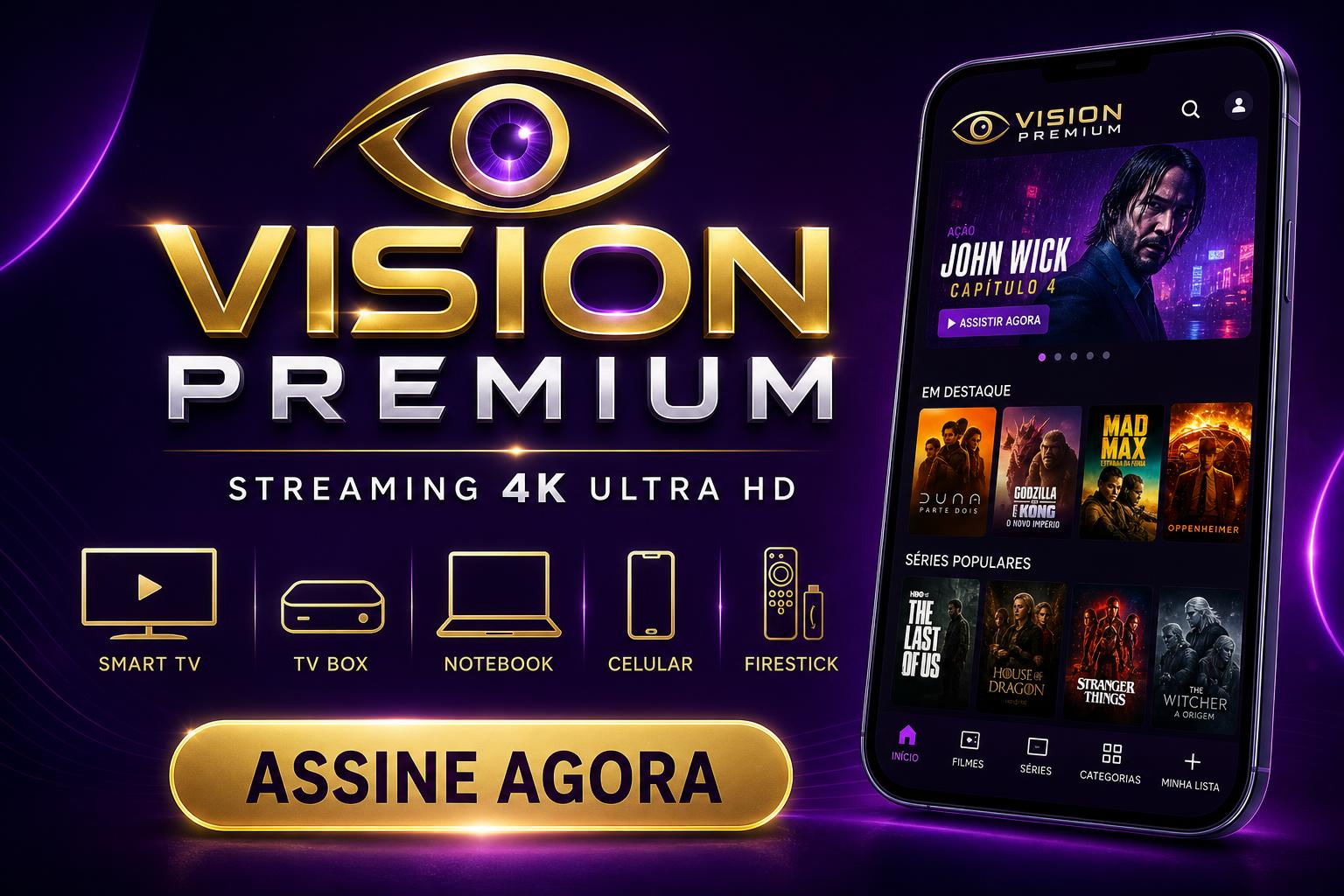 Vision Premium — Streaming 4K Ultra HD — Logo oficial com mockup de celular