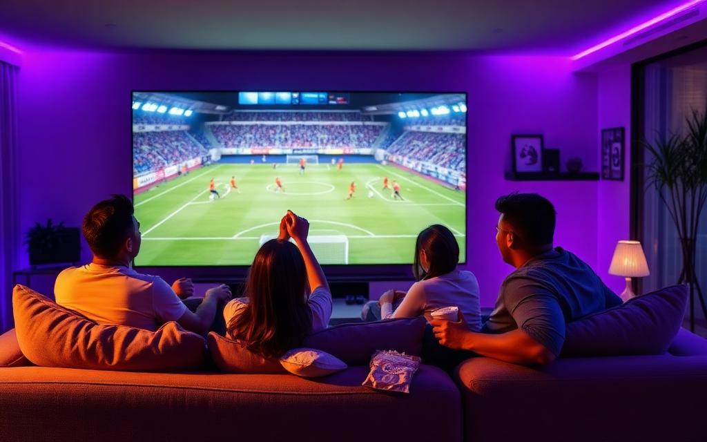 Família feliz assistindo futebol com Vision Prime